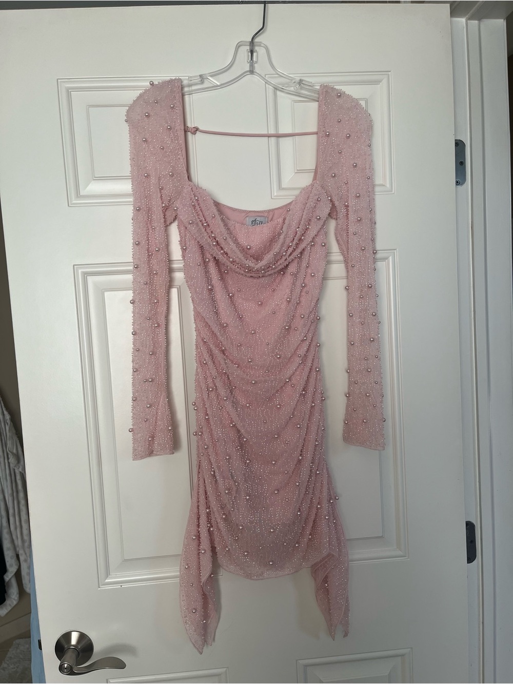 Oh Polly Blush Pink Pearl-Embellished Draped Long-Sleeve Dress